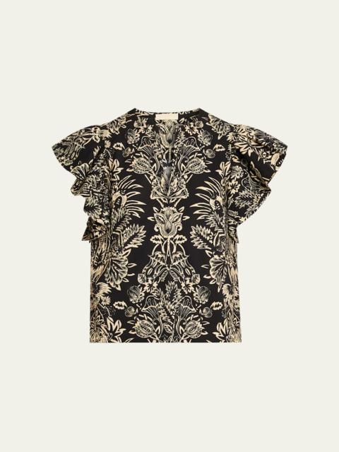 Severine Floral Flutter-Sleeve Blouse