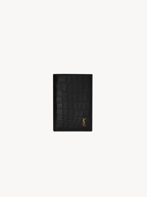 SAINT LAURENT TINY CASSANDRE CREDIT CARD WALLET IN CROCODILE-EMBOSSED MATTE LEATHER