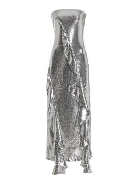 ROTATE Ruffled Sequined Midi Dress silver