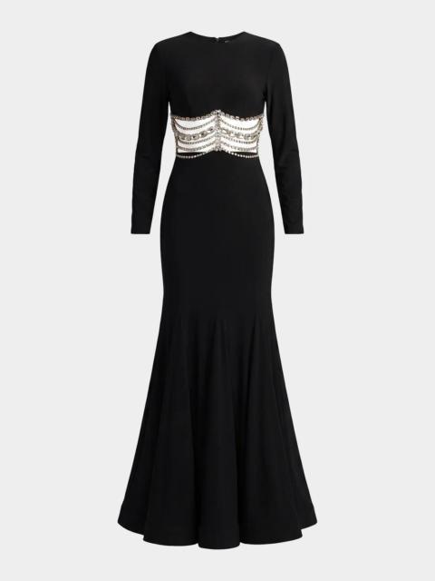 MAC DUGGAL Crystal-Embellished Sheer Jersey Trumpet Gown
