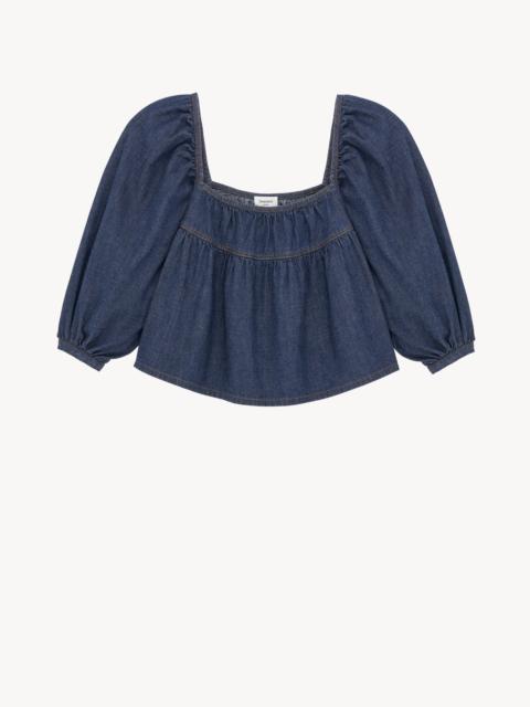 SAINT LAURENT RUFFLED CROP TOP IN INDIGO DENIM