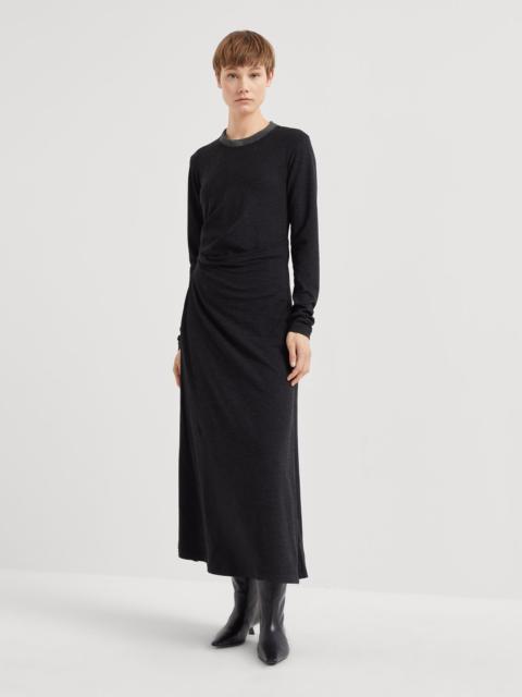 Stretch virgin wool jersey draped dress with precious ribbed collar