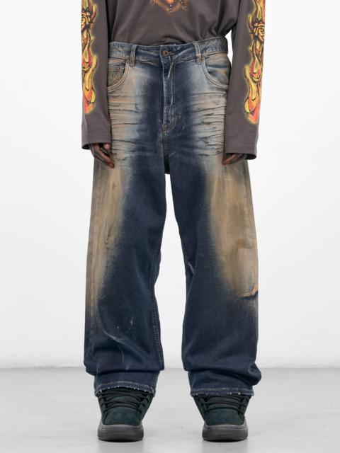 We11done Blue Dirty Denim Wide Jeans