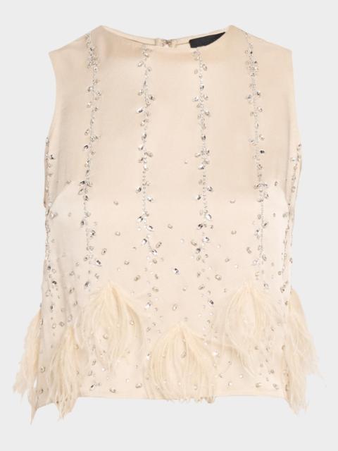 LAPOINTE Crystal & Feather Embellished Satin Cropped Tank Top