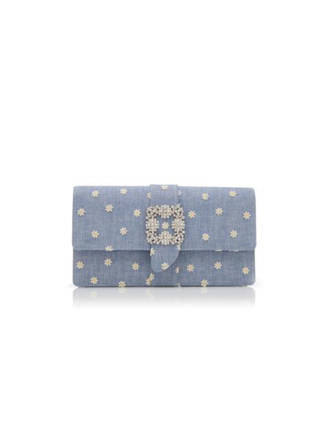 Manolo Blahnik Blue and White Chambray Jewel Buckle Clutch