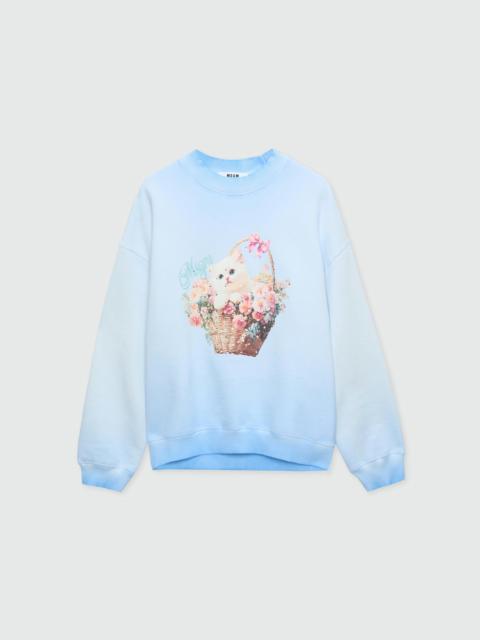 MSGM Light blue cotton crew-neck sweatshirt with hand-applied gradient treatment
