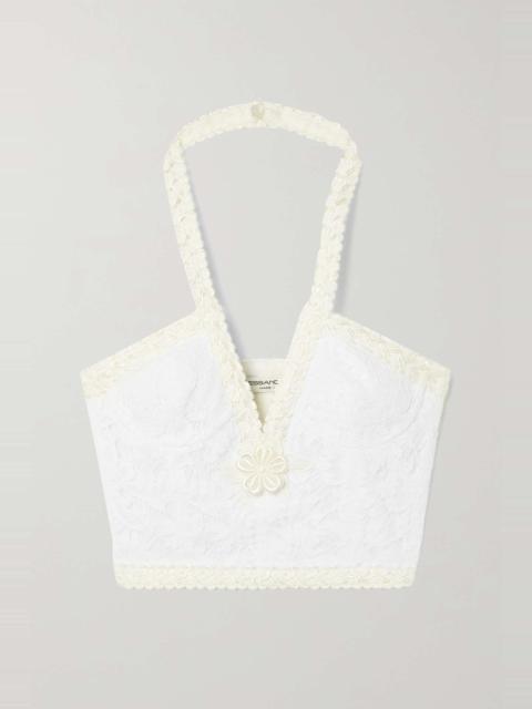 Cropped embroidered cotton-blend lace halterneck bustier top