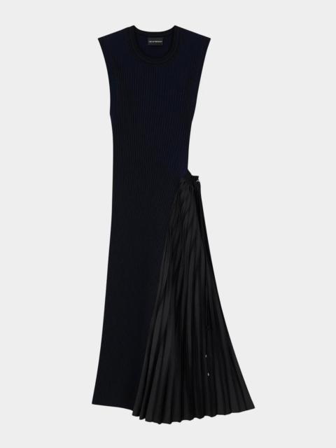 EMPORIO ARMANI Pleated-Inset Rib Knit Midi Dress