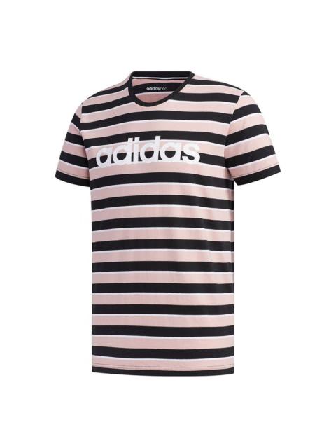 Men's adidas neo Esntl Lg S T3 Logo Printing Stripe Sports Short Sleeve Pink T-Shirt FP7425