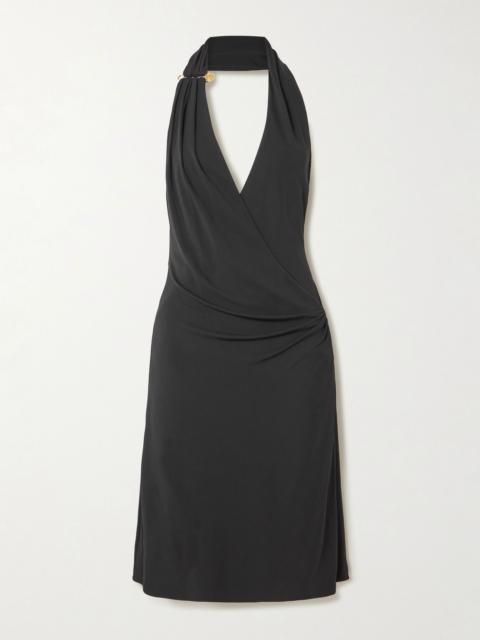 VERSACE Embellished draped stretch-jersey halterneck dress Black