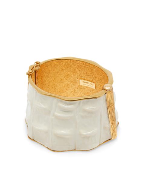 TOM FORD BRASS AND GLOSSY STAMPED CROCODILE LEATHER SOLAR CUFF