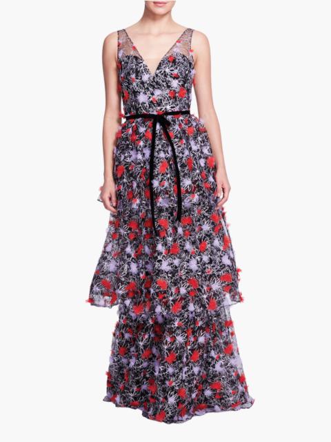 Marchesa TIERED EMBROIDERED FLORAL GOWN