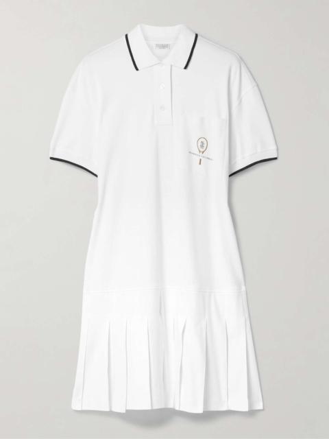 Tennis pleated embroidered cotton-jersey mini dress