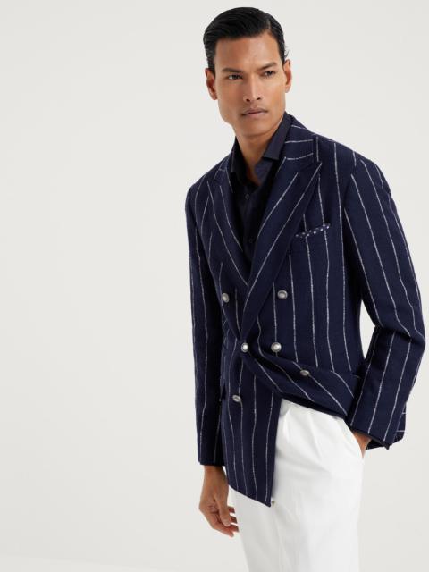 Brunello Cucinelli Linen, wool and silk chalk stripe one-and-a-half-breasted deconstructed blazer with metal buttons