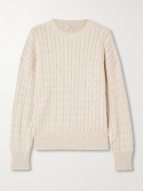 Brunello Cucinelli Sequin-embellished cable-knit cotton-blend sweater Beige