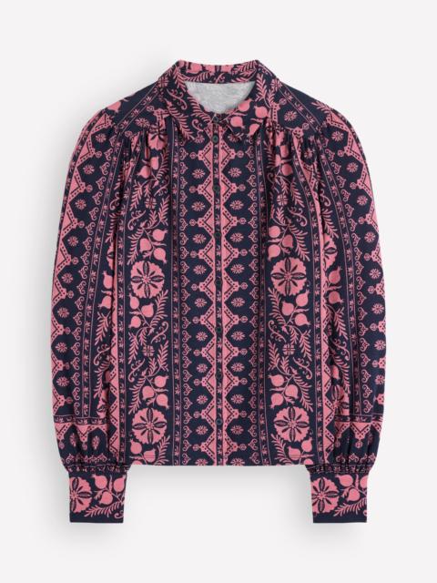 BODEN Collared Jersey Shirt-French Navy, Charmed Foliage