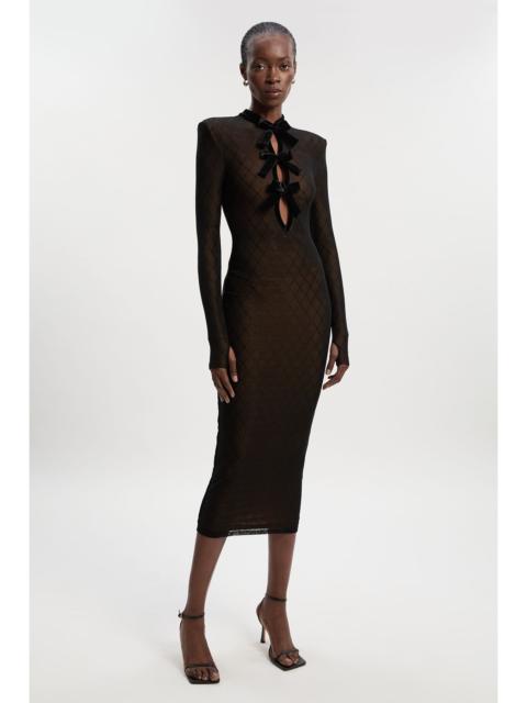 KAREN MILLEN Mesh With Velvet Bow Trim Detail Long Sleeve Midi Dress