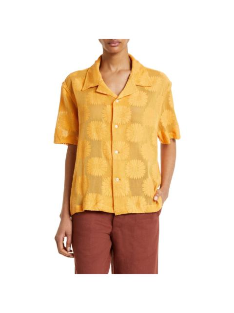 BODE Bode Sunflower Lace Short Sleeve Button-Up Shirt in Golden at Nordstrom