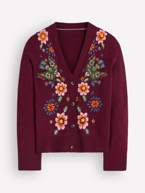 BODEN Ella Embroidered Knit Cardigan-Dark Cherry, Embroidery