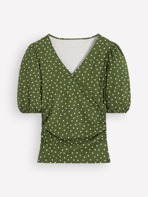 BODEN Tia Ruched Wrap Top-Brunswick Green, Painted Dot