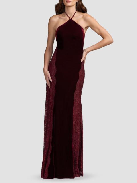 MAC DUGGAL Women's Velvet Lace-Accented Halterneck Column Gown - Burgundy