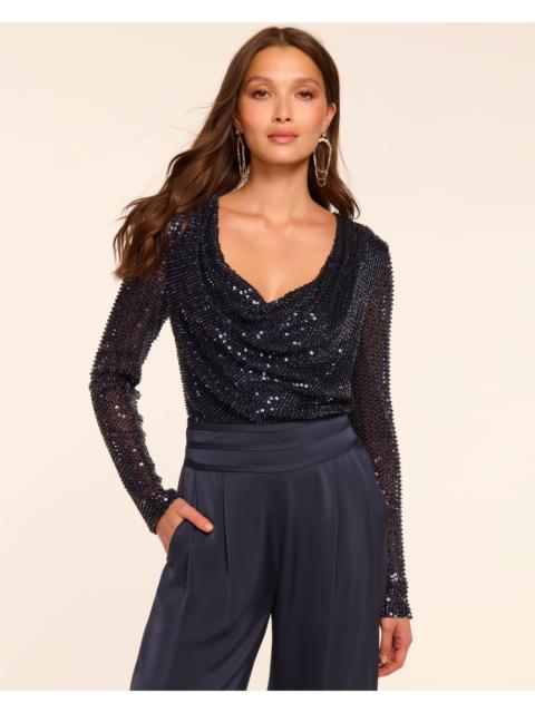 RAMY BROOK Leon Beaded Sequin Cowl Neck Top