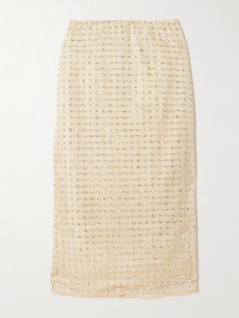 STAUD Ciara Layered Embellished Tulle Midi Skirt