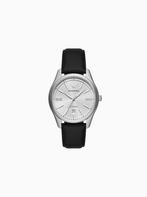 EMPORIO ARMANI AUTOMATIC THREE-HAND DATE BLACK LEATHER WATCH