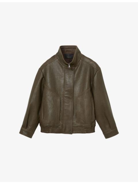 REISS Kiara Oversized Leather Bomber Jacket