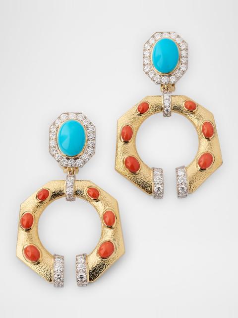 DAVID WEBB 18K Octagonal Gap Link Earrings with Diamonds, Coral and Turquoise