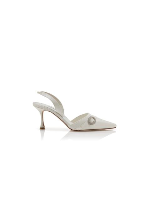 Manolo Blahnik Cream Satin Crystal Buckle Slingback Pumps