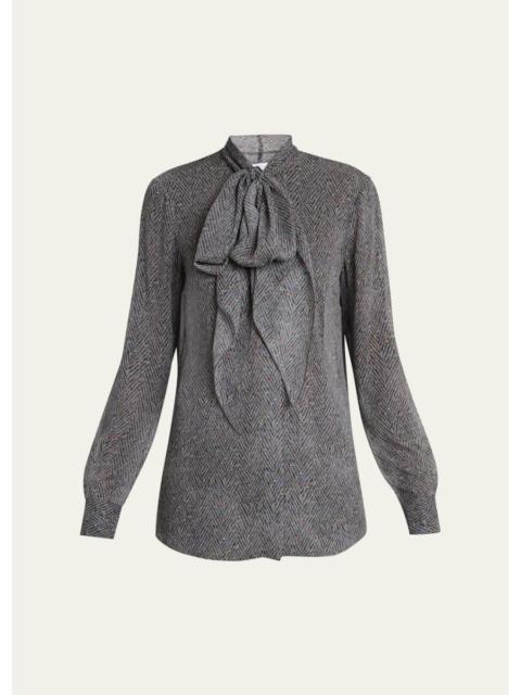GABRIELA HEARST Shildon Herringbone Silk Bow Button-Down Top