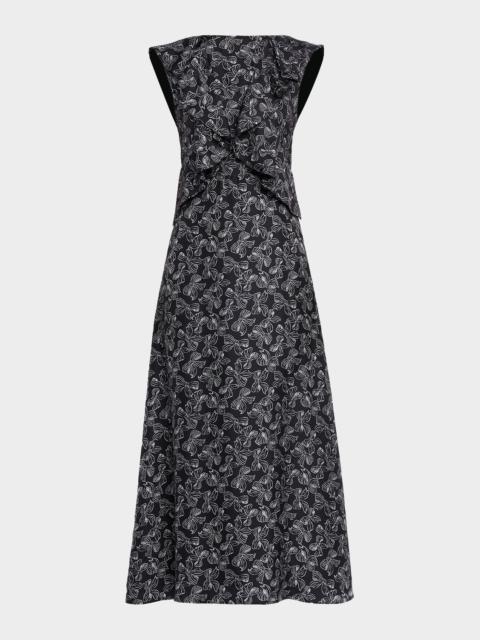 Max Mara Calesse Bow-Print Ruffle Backless Midi Dress