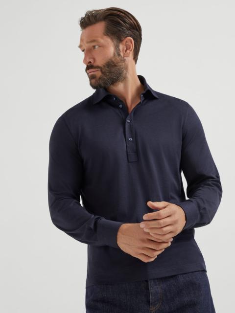 Brunello Cucinelli Silk and cotton lightweight jersey long sleeve polo with shirt-style collar