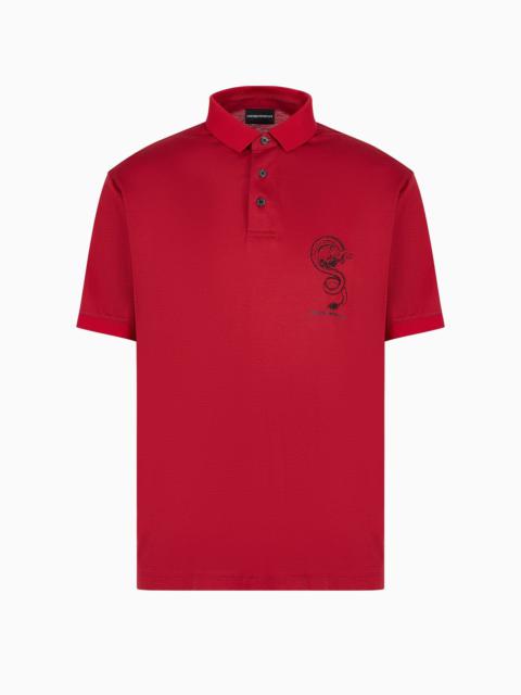 Armani Sustainability Values Lyocell-blend jersey polo shirt with dragon embroidery