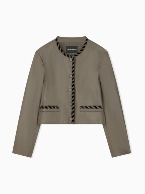 EMPORIO ARMANI CROPPED LEATHER JACKET WITH BRAIDED TRIM AND BUTTON CLOSURE