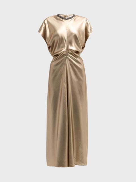 Brunello Cucinelli Monili-Neck Metallic Fluid Silk Ankle Dress