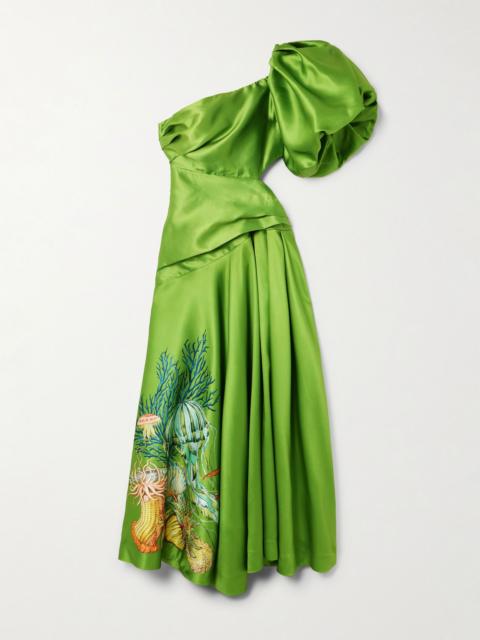 ALÉMAIS + Sam Pauletto Aquatica one-shoulder gathered printed recycled satin-twill dress Green
