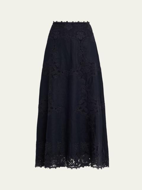 ULLA JOHNSON Fleur Embroidered Linen-Blend Midi Skirt