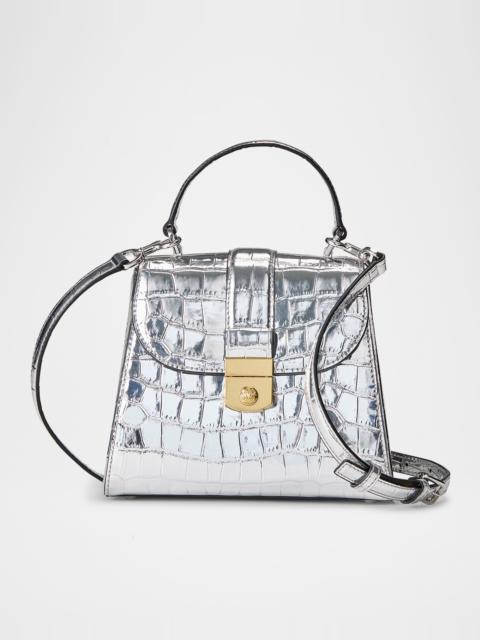 Crest Metallic Croc-Embossed Leather Top-Handle Bag