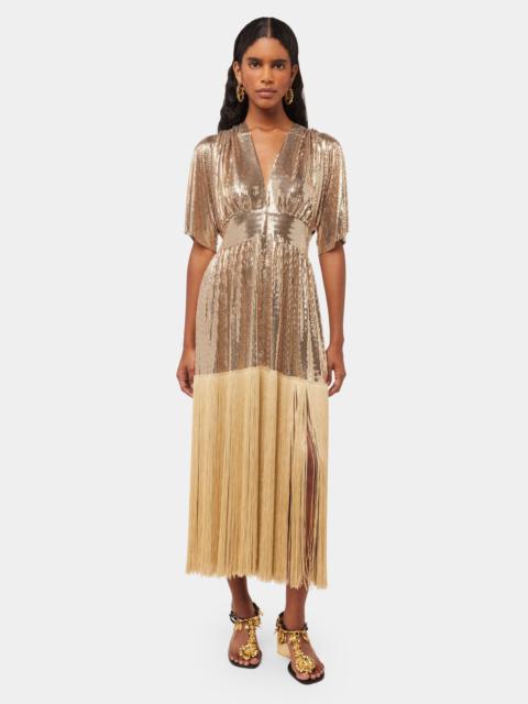 rabanne LIGHT GOLD KAFTAN MESH DRESS WITH FRINGES DETAILS