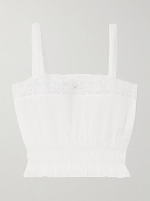 FAITHFULL Camille cropped lace-trimmed shirred cotton-poplin top Ivory