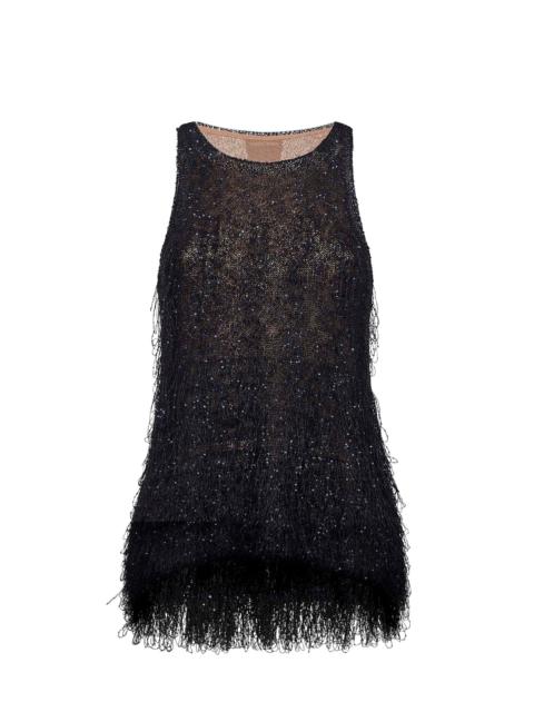 GIORGIO ARMANI Blue lurex jersey top with fringes and sequins