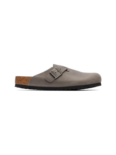 BIRKENSTOCK Gray Regular Boston Soft Footbed Oiled Leather Loafers