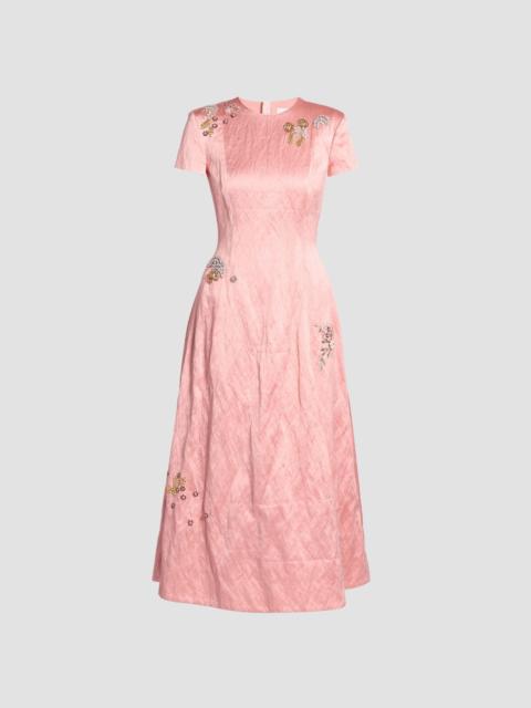 Erdem EMROIDERED TEXTURED SATIN SHORT SLEEVE MIDI DRESS
