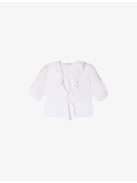 Sandro Cropped Ruffle-Trim Cotton Top