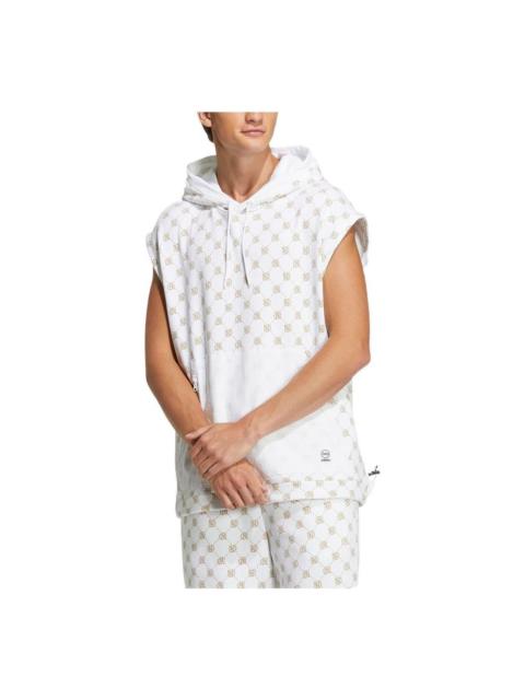 Men's adidas neo Logo Full Print Zipper Kangaroo Pocket Hooded Sleeveless Jacket White IB5859