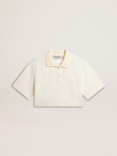 White cotton cropped polo shirt with mother-of-pearl buttons