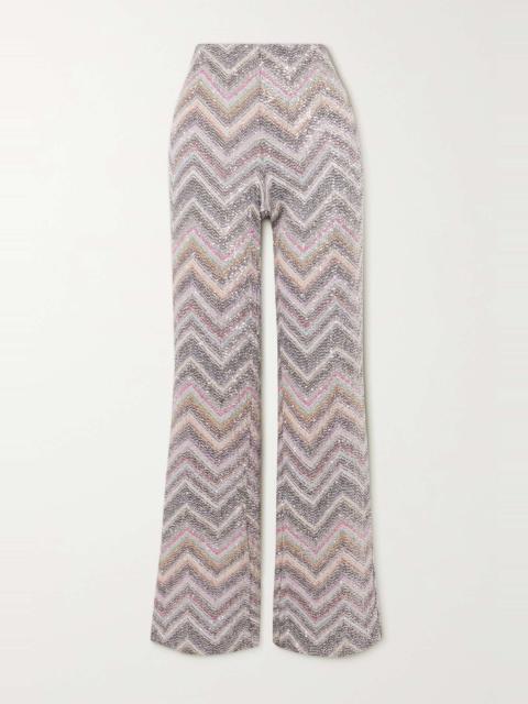 Striped sequined metallic crochet-knit flared pants