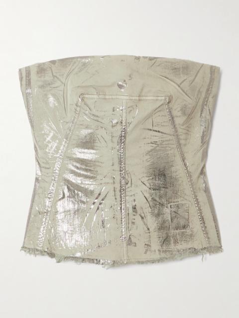 Rick Owens Strapless Frayed Metallic Denim Bustier Top